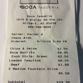 Boca Taqueria - Wish I took a pic of the food to add with this receipt. - Mexican Near Me - Gilbert, Arizona Boca Taqueria - Wish I took a pic of the food to add with this receipt. - Mexican Near Me - Gilbert, Arizona