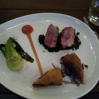 Valette Restaurant - Duck breast with Szechuan peppercorn crust over forbidden rice with duck confirm lumpia. Wow! - New American Near Me - Healdsburg, California