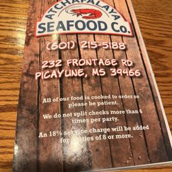 Atchafalaya Seafood - Menu