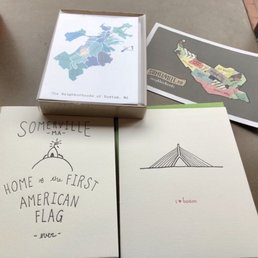 Clockwise: pack of 10 Boston neighborhood cards ($13.50), Somerville postcard ($2), notecards ($4.50)