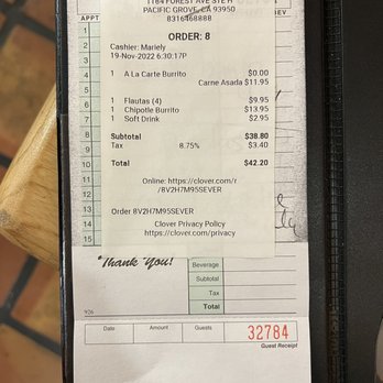 Los Amigos - Receipt - Mexican Near Me - Pacific Grove, California Los Amigos - Receipt - Mexican Near Me - Pacific Grove, California