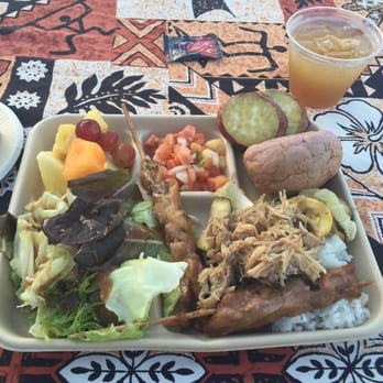 Chief's Luau - BBQ pork, salad, sweet potatoes, rice, seasoned veggies, pineapple cake & a Mai tai to top it off! So good! - Performing Arts Near Me - Kapolei, Hawaii
