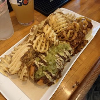 Treylor Park - Unique Hot dog   Half Sloppy Joe style the other half Chili  Waffle Fries were DELICIOUS too - New American Near Me - Savannah, Georgia