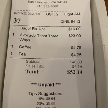 Eight AM - Bill for a simple breakfast without tip... - New American Near Me - San Francisco, California