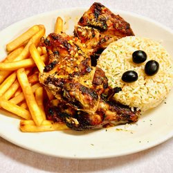J & J Restaurant & Takeout - Bbq chicken! With garlic sauce, rice and French fries!