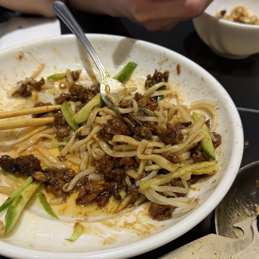 Din Ding Dumpling House - Zhajiang noodle ( after mixed with cucumber, mince pork and bean sprouts) - Dim Sum Near Me - Fremont, California Din Ding Dumpling House - Zhajiang noodle ( after mixed with cucumber, mince pork and bean sprouts) - Dim Sum Near Me - Fremont, California