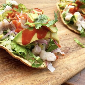 Dockside Brewery - Tostada de Ceviche- Red snapper, pickled onions, Serrano peppers, shredded lettuce, lime juice and Valentina hot sauce - Breweries Near Me - Milford, Connecticut