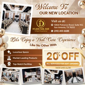 D’Lano Nail Bar - WELCOME TO OUR NEW LOCATION!
D'LANO NAIL LOUNGE SAN ANTONIO
Visit our second location, D'Lano Nail Lounge , - Nail Salons Near Me - San Antonio, Texas D’Lano Nail Bar - WELCOME TO OUR NEW LOCATION!
D'LANO NAIL LOUNGE SAN ANTONIO
Visit our second location, D'Lano Nail Lounge , - Nail Salons Near Me - San Antonio, Texas