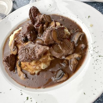 The Narrows Restaurant - Beef Tenderloin Tips with garlic mashed potatoes and a mushroom demi-glace - Seafood Near Me - Grasonville, Maryland