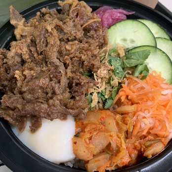 JoJu - #4B Beef Bulgogi Bowl & Black Milk Tea - Regular. for sauces i recommend the green sauce (spicy), so good!! - Coffee & Tea Near Me - Elmhurst, New York