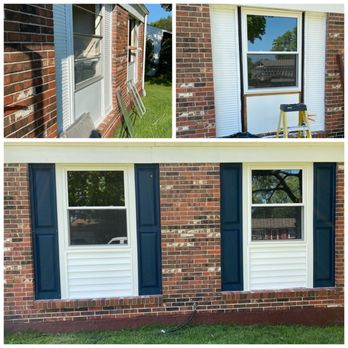 Dalco Home Remodeling - New beautiful navy shutters, white siding and windows in the bottom photo. - General Contractors Near Me - Bridgeton, Missouri Dalco Home Remodeling - New beautiful navy shutters, white siding and windows in the bottom photo. - General Contractors Near Me - Bridgeton, Missouri