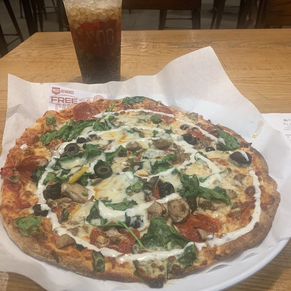 MOD Pizza - Customize pizza- spinach, mushrooms, olives, and pepperoni topped with ranch. - Fast Food Near Me - Tracy, California MOD Pizza - Customize pizza- spinach, mushrooms, olives, and pepperoni topped with ranch. - Fast Food Near Me - Tracy, California