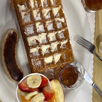 The Belgian Cafe - Traveler's Special Waffle with Danish sausage. - Breakfast & Brunch Near Me - Solvang, California The Belgian Cafe - Traveler's Special Waffle with Danish sausage. - Breakfast & Brunch Near Me - Solvang, California
