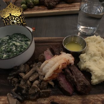 The Beaumont - Cream of spinach, sautéed mushrooms, lobster tail, flank steak, mashed potatoes. - Steakhouses Near Me - Catonsville, Maryland The Beaumont - Cream of spinach, sautéed mushrooms, lobster tail, flank steak, mashed potatoes. - Steakhouses Near Me - Catonsville, Maryland