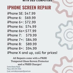 Iphone Screen repair pricing! all screen repairs come with 1 year warranty, free tempered glass and charger!