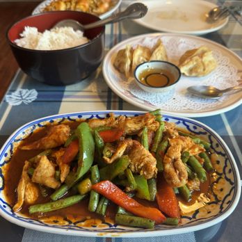 Thai Paradise - Pad Prik king & pot stickers with white rice - Thai Near Me - San Clemente, California Thai Paradise - Pad Prik king & pot stickers with white rice - Thai Near Me - San Clemente, California