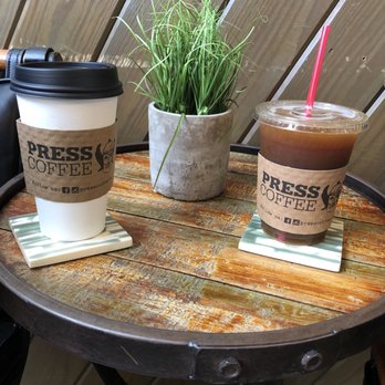 PRESS Coffee - Left: mocha chai - interesting taste. I prefer the dirty chai (spiced black tea + milk + espresso) Right: iced caramel cold brew - Coffee & Tea Near Me - San Antonio, Texas