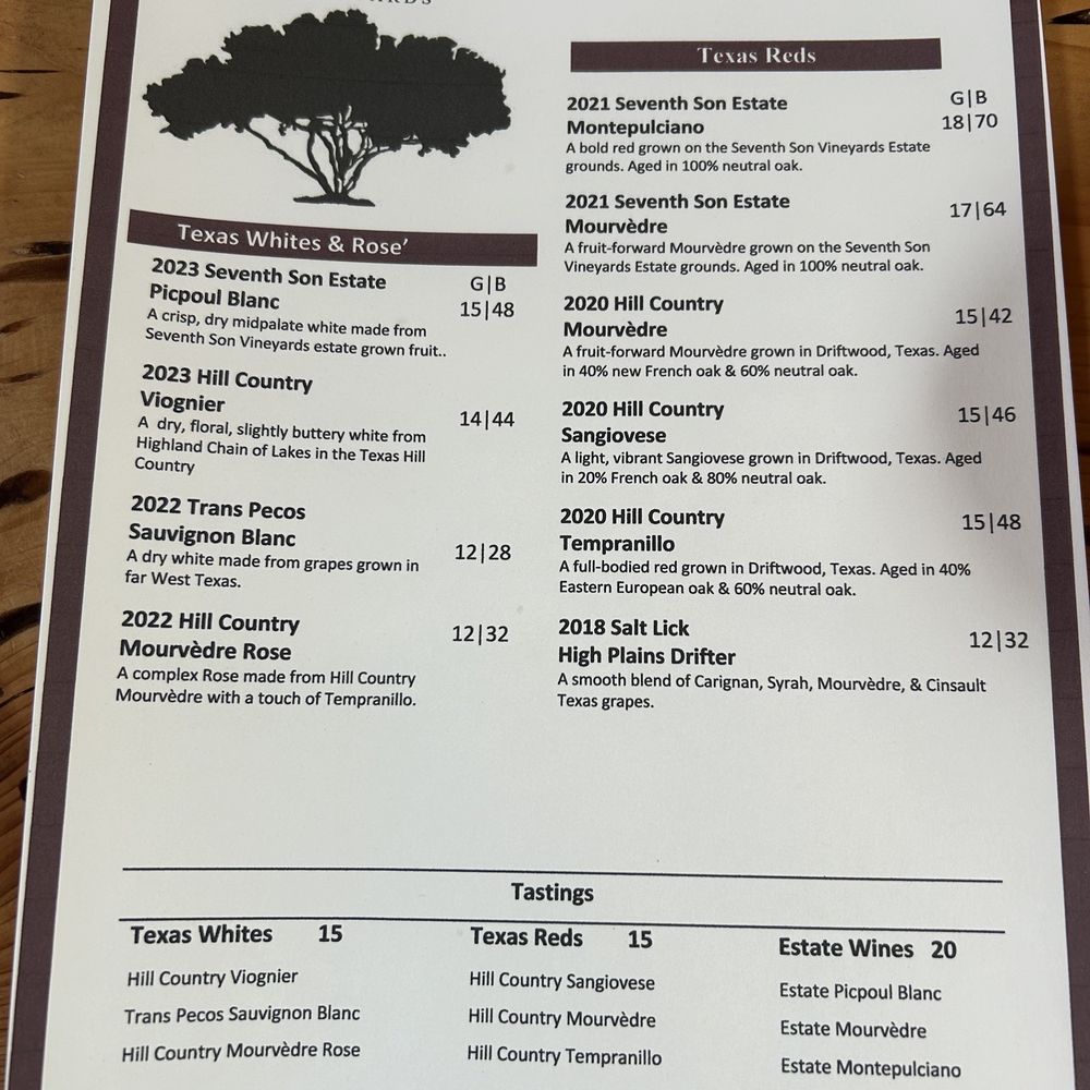 Seventh Son Vineyards - Menu wine - Wine Tasting Room Near Me - Wimberley, Texas