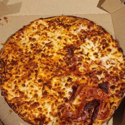 Domino's Pizza - This is "half pepperoni and salami and half plain " dry and maybe one slice with topics. The wings had to be put in the air frier to finish
