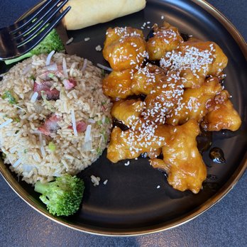 My Kitchen - Sesame Chicken, pork fried rice and a spring roll - Chinese Near Me - Gilbert, Arizona
