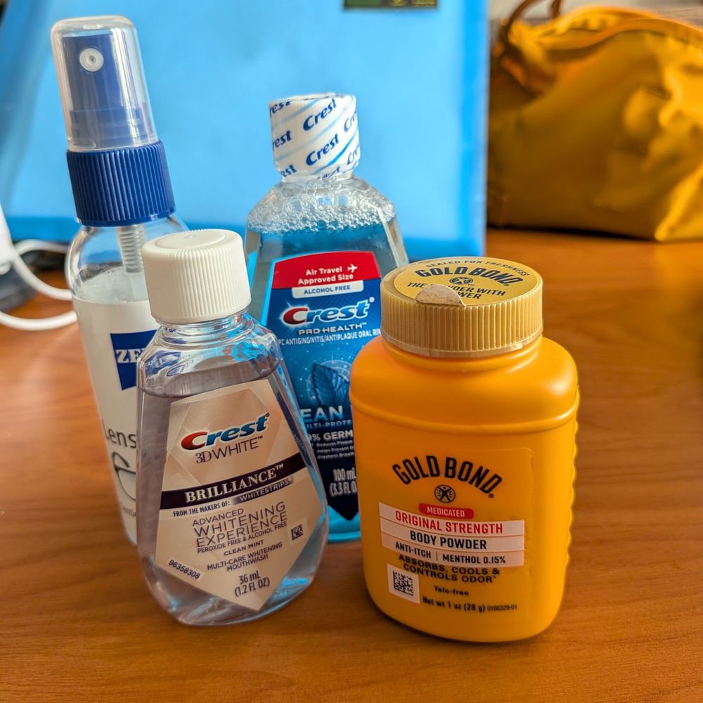 Travel toiletries & lens cleaning fluid