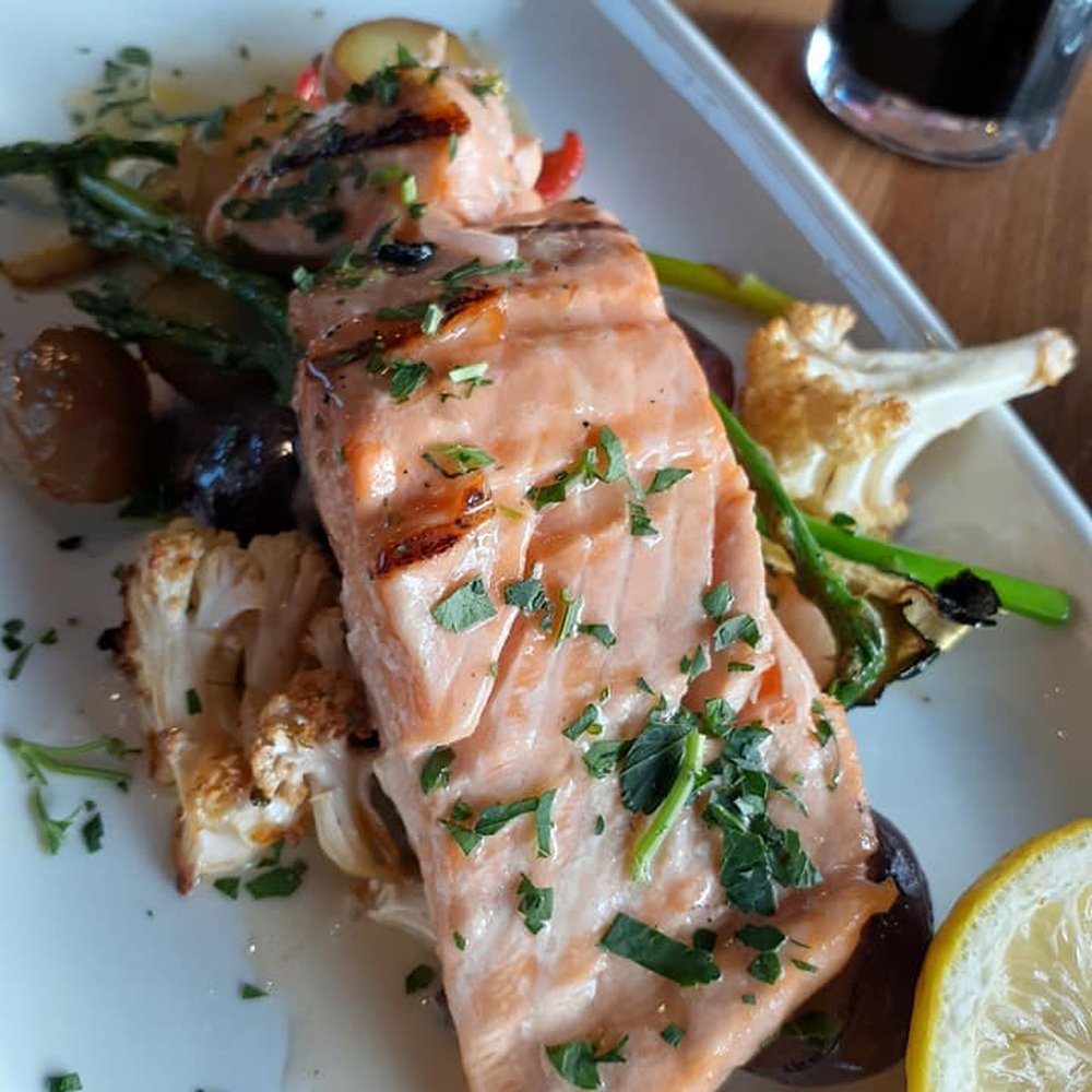 Buco Pizzeria + Vino Bar - Pan-Seared Salmon - roasted potato, grilled vegetables, white wine lemon butter sauce - Italian Near Me - Edmonton, Alberta