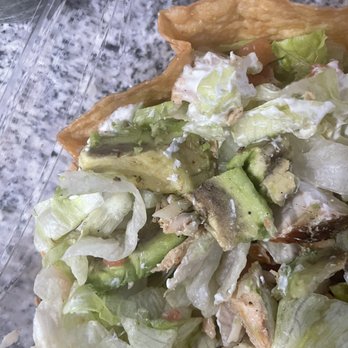 El Pollo Loco - Old avocado and dry chicken. Supposed to be a double chicken tostada salad. - Fast Food Near Me - Riverside, California