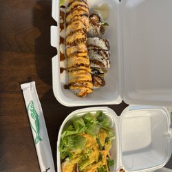 Sushi Gallery - Top- spider roll 10/10 bottom- pink lady 10/10 house salad- 10/10 (amazing ginger sauce)