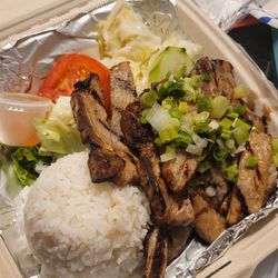 Jasmine's Noodle Bar - 3 pork chops with green onions and scallions, jasmine rice and salad.