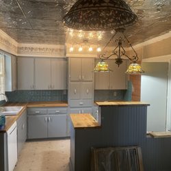Lime Wood Clay - Oak counter tops custom made with tin backsplash and ceiling