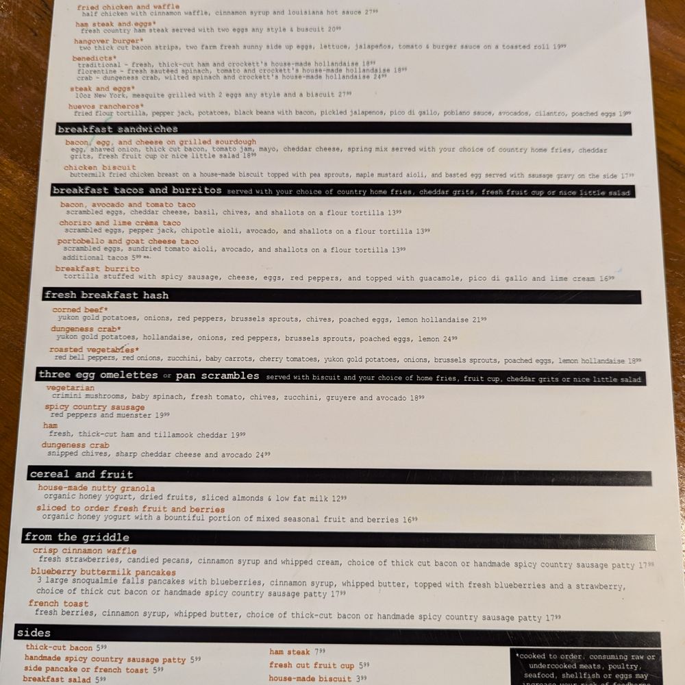 Crockett's Public House - Breakfast menu. - American Near Me - Puyallup, Washington