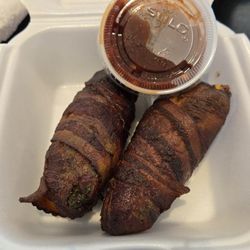 Zach's Smoke Shack - Bacon wrapped Jalapeno poppers w/bbq sauce