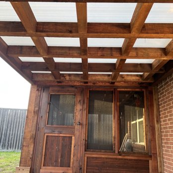 Texas Backyard Living - Screened Porch section with custom built door. The roof is polycarbonate roof panels. - Fences & Gates Near Me - Plano, Texas