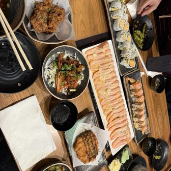 Mad For Sushi - Mad Seared Salmon Nigiri (middle), Mad Roll, & Spicy Krab Maki, pork katsu, spicy KFC, spicy garlic edamame, and chicken teriyaki - Sushi Bars Near Me - Dublin, California