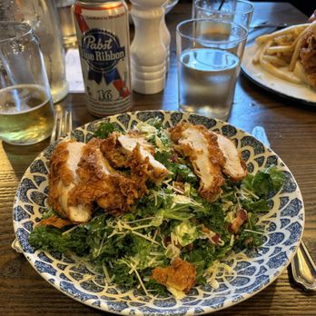 Chef Art Smith's Reunion - Brussel sprouts salad w chicken and a Tall Boy PBR! - American Near Me - Chicago, Illinois Chef Art Smith's Reunion - Brussel sprouts salad w chicken and a Tall Boy PBR! - American Near Me - Chicago, Illinois