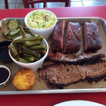 Naked Q BBQ - Two meat platter of ribs, brisket, green beans, coleslaw, corn muffin and pickles. Perfect portion sizes. - Barbeque Near Me - Phoenix, Arizona