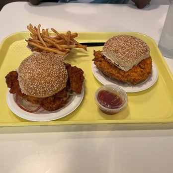 Accomplice - Spicy fried chicken sandwich on left and special fried chicken sandwich on right - Sandwiches Near Me - Bellingham, Washington Accomplice - Spicy fried chicken sandwich on left and special fried chicken sandwich on right - Sandwiches Near Me - Bellingham, Washington