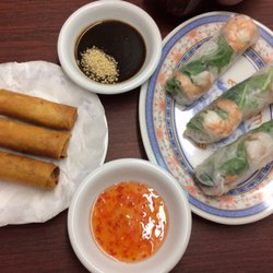 Eggs Rolls on left, Spring Rolls on right.
