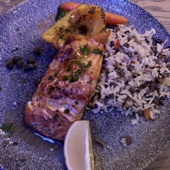 Santorini Estiatorio - Salmon with rice and veggies - Greek Near Me - Thornhill, Ontario Santorini Estiatorio - Salmon with rice and veggies - Greek Near Me - Thornhill, Ontario