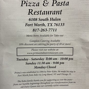 Prima's Pizza & Pasta - Menu l Cover page Yep BYOB!! - Pizza Near Me - Fort Worth, Texas Prima's Pizza & Pasta - Menu l Cover page Yep BYOB!! - Pizza Near Me - Fort Worth, Texas