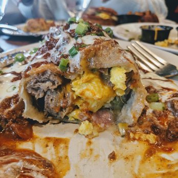 Brown Hound Downtown - The inside of the three meat breakfast burrito special - New American Near Me - Rochester, New York Brown Hound Downtown - The inside of the three meat breakfast burrito special - New American Near Me - Rochester, New York