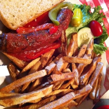 Vinny Vanucchi's - Sausage sandwich. With homemade fries! - Italian Near Me - Galena, Illinois Vinny Vanucchi's - Sausage sandwich. With homemade fries! - Italian Near Me - Galena, Illinois