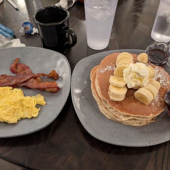 Flip’N Jacks - Banana pancakes with eggs and bacon - Pancakes Near Me - Ames, Iowa