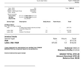Fender Bender's PDR - Final payment invoice. - Mobile Dent Repair Near Me Fender Bender's PDR - Final payment invoice. - Mobile Dent Repair Near Me