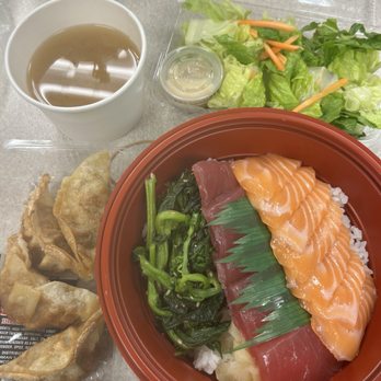 Ahi Lovers - L to R Sashimi Bowl, Gyoza, add-on Miso Soup and Salad - Japanese Near Me - Honolulu, Hawaii