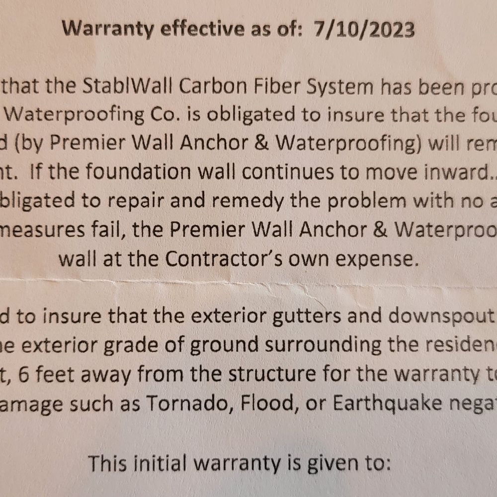 Premier Wall Anchor & Waterproofing - Their warranty. - Waterproofing Near Me - Stow, Ohio