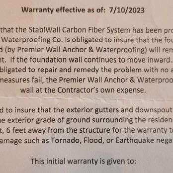 Premier Wall Anchor & Waterproofing - Their warranty. - Waterproofing Near Me - Stow, Ohio Premier Wall Anchor & Waterproofing - Their warranty. - Waterproofing Near Me - Stow, Ohio
