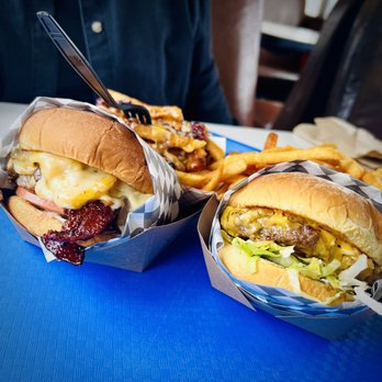 Red's Burgers - Reds burger, left; Garlic Burger, right; Chili Cheese Fries, back - Burgers Near Me - Seward, Alaska