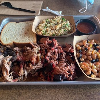 Beartooth Barbecue - Two meat. Brisket and pulled pork w/ cowboy caviar and Lebanese salad. - Barbeque Near Me - West Yellowstone, Montana Beartooth Barbecue - Two meat. Brisket and pulled pork w/ cowboy caviar and Lebanese salad. - Barbeque Near Me - West Yellowstone, Montana