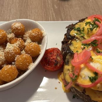 Toasted La Mesa - Short Rib Benny with Parmesan Truffle Potato Spheres and a Roasted Tomato. - Breakfast & Brunch Near Me - La Mesa, California